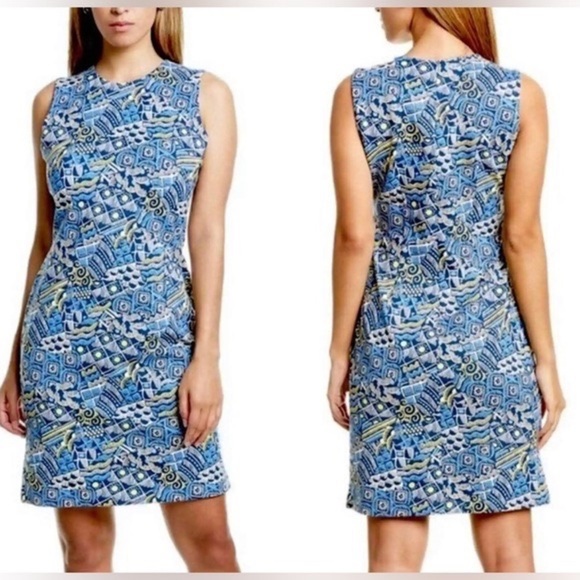 J. McLaughlin Women’s Shift Dress Devon Talavera Print Navy Blue /Yellow M - Picture 1 of 12